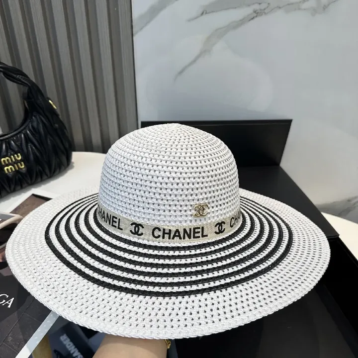 View 1 of White Straw Hat with Chanel-Inspired Band, Wide Brim, Luxe Comfort