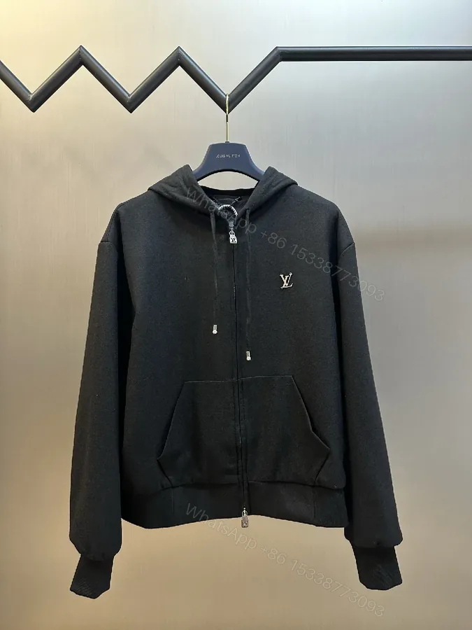 View 1 of Black Leatherette Minimal Zip Hoodie with LV Emblem