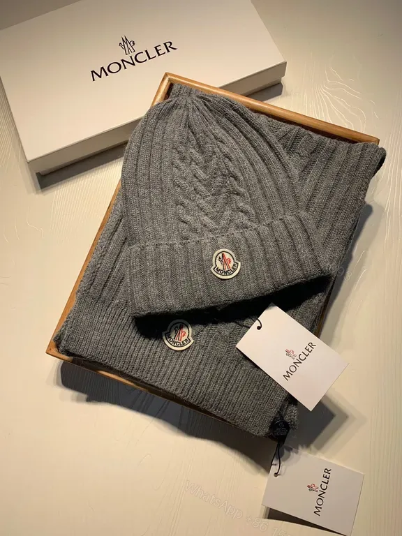 View 1 of Grey Wool-Blend Moncler Knit Beanie & Scarf Set