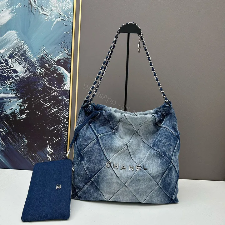 View 1 of Chanel Large 22 Bag Faded Blue Denim Silver Hardware