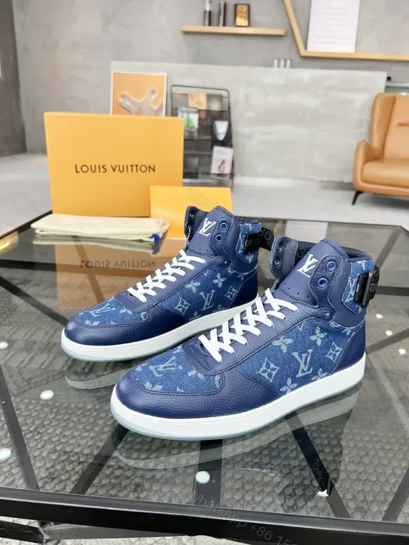 View 1 of Blue Denim High-Top Sneakers with Imitation LV Logo