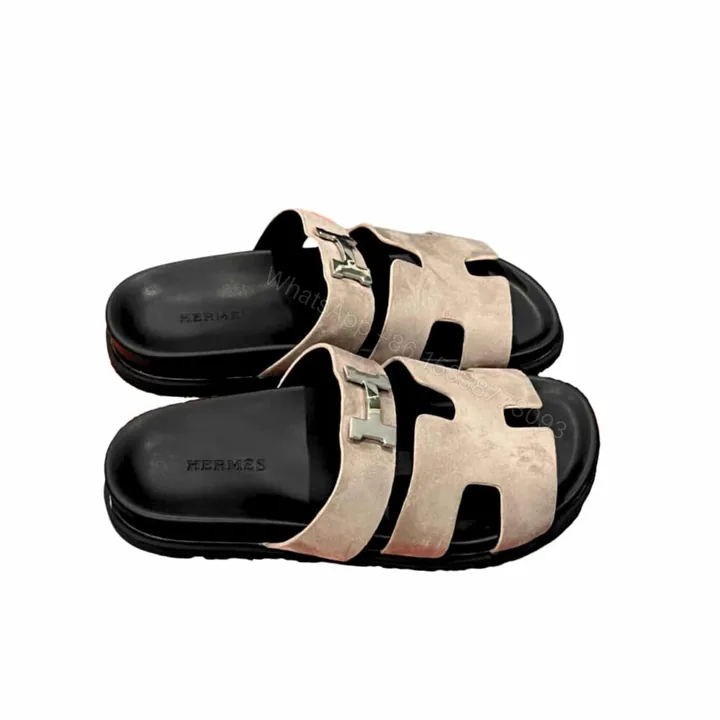 View 1 of Hermes Chypre Sandal Suede H Logo Silver Hardware Light Brown