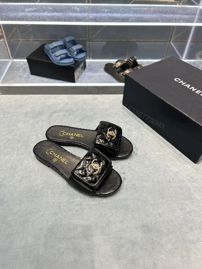View 1 of Black Quilted Leather Slide with Gold Logo Escort