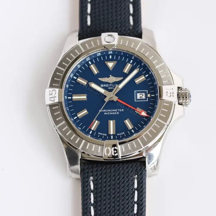 View 1 of V7 Factory Breitling Avenger Automatic GMT 45 – Blue Dial with Stainless Steel Case and Black Strap