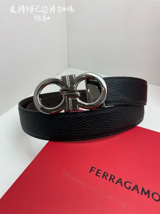 View 1 of Lux Leather Belt with Double-Gancini Buckle - Black Leather, Men’s Style