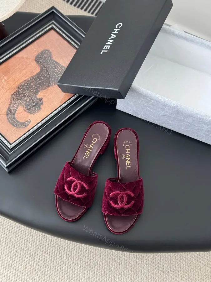 View 1 of Chanel Women Burgundy Velvet Slide Sandals