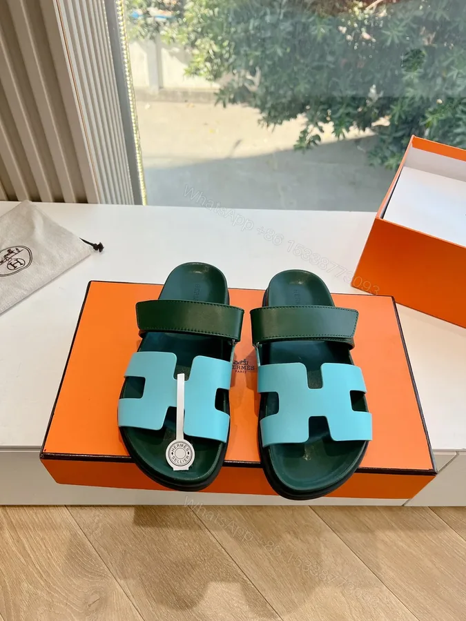 View 1 of Hermes Women Green Leather Blue Sandals