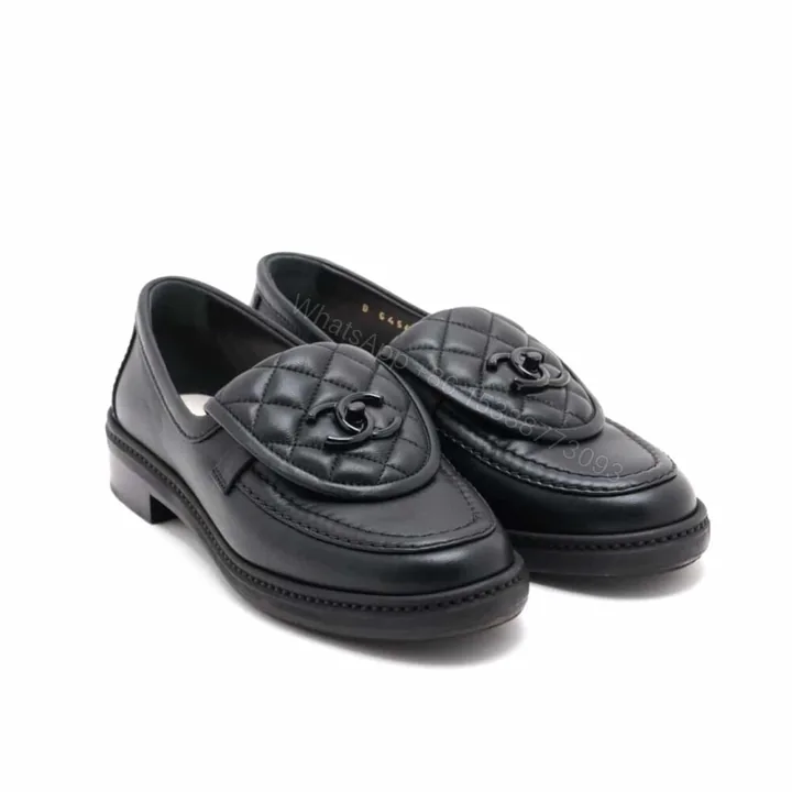 View 1 of Chanel CC Nib Turnlock Moccasins Flat Loafers Black