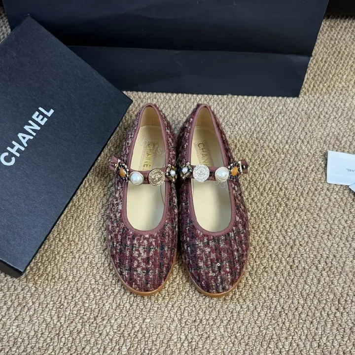 View 1 of Tweed Ballet Flats with Embellished Strap - Luxe Comfort Flats