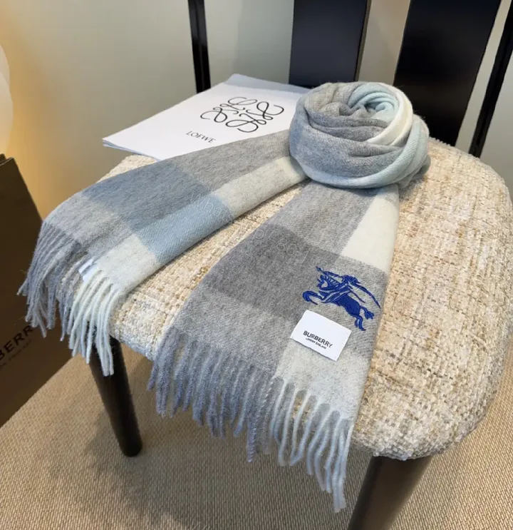 View 1 of Soft Gray Plaid Wrap Scarf – Luxury Knit Wrap with Fringe