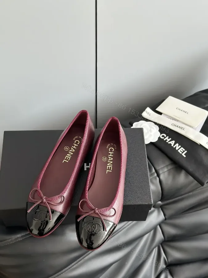 View 1 of Burgundy Satin Ballet Flats with Patent Cap Toe