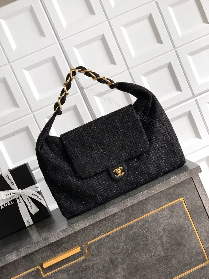 View 1 of Black Tweed Mini Bag with Gold Chain - Luxe Style