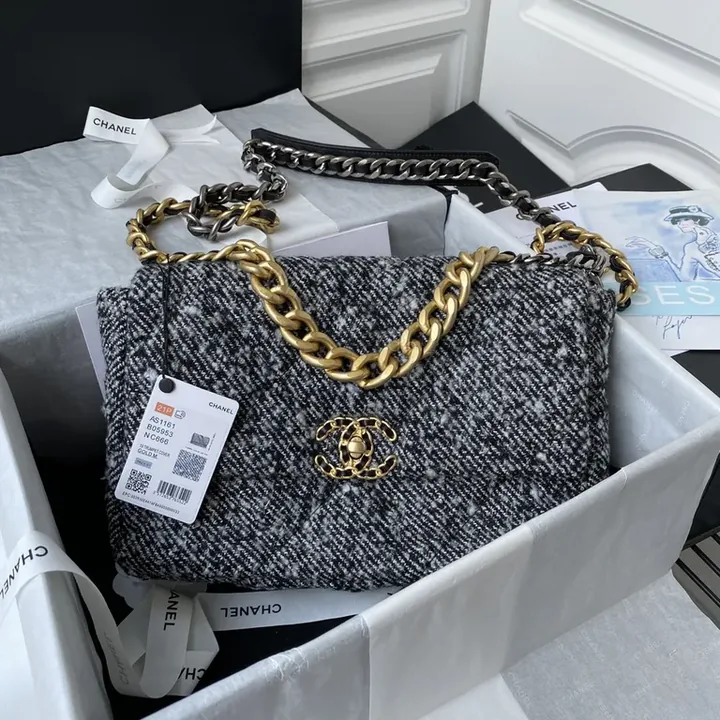 View 1 of Chanel-Inspired Tweed Canvas Handbag with Luxe Chain