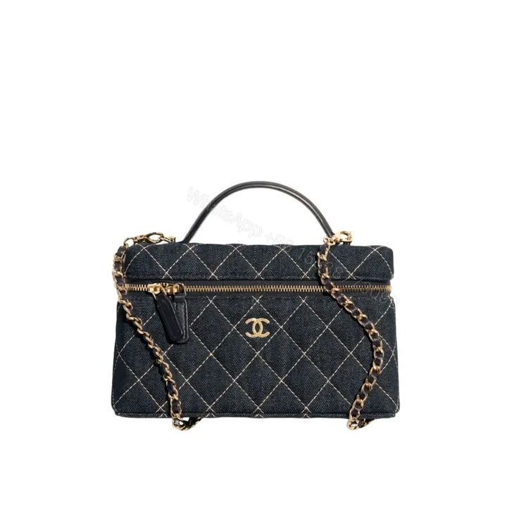 View 1 of Chanel Classic Vanity with Chain Gold Metal Denim Dark Blue 19cm