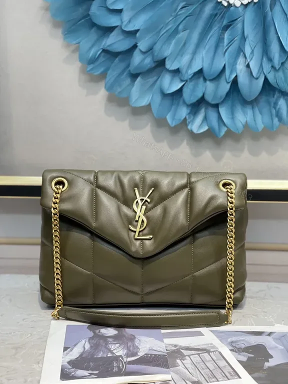 View 1 of Taupe Olive Quilted Leather Shoulder Bag with Gold Hardware â€“ Luxe Everyday Style