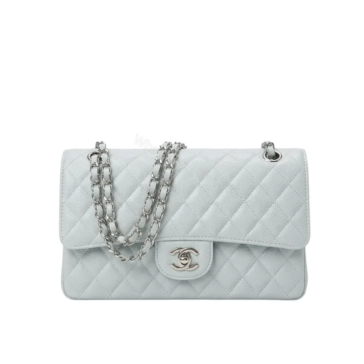 View 1 of Chanel Classic Double Flap Bag Silver Hardware Baby Blue 25cm