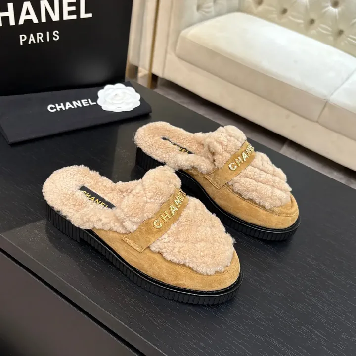 View 1 of Chic Shearling Mules: Gold Logo Slip-Ons, Camel Suede