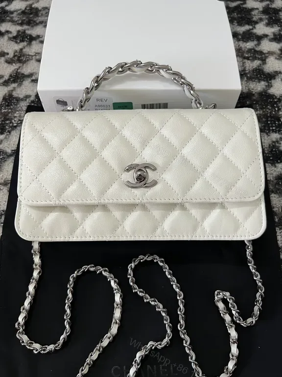 View 1 of Chanel-Inspired Quilted White Flap Crossbody Bag with Silver Chain