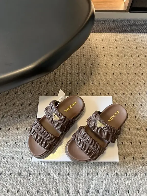View 1 of Brown Leather Slid​ers Padded Ruched Casual Metro Logo Slides