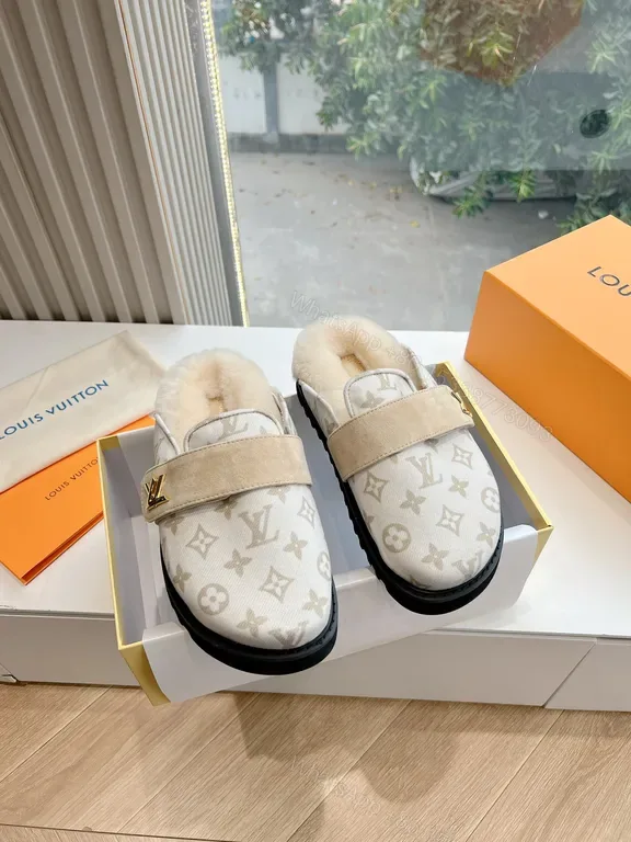 View 1 of Relaxed-Luxe LV Monogram Slip-Ons with Fur Lining