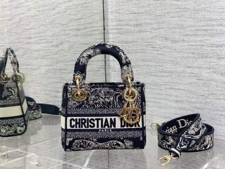 View 1 of Navy Tapestry Mini Tote: Dior Logo Luxe Carryall