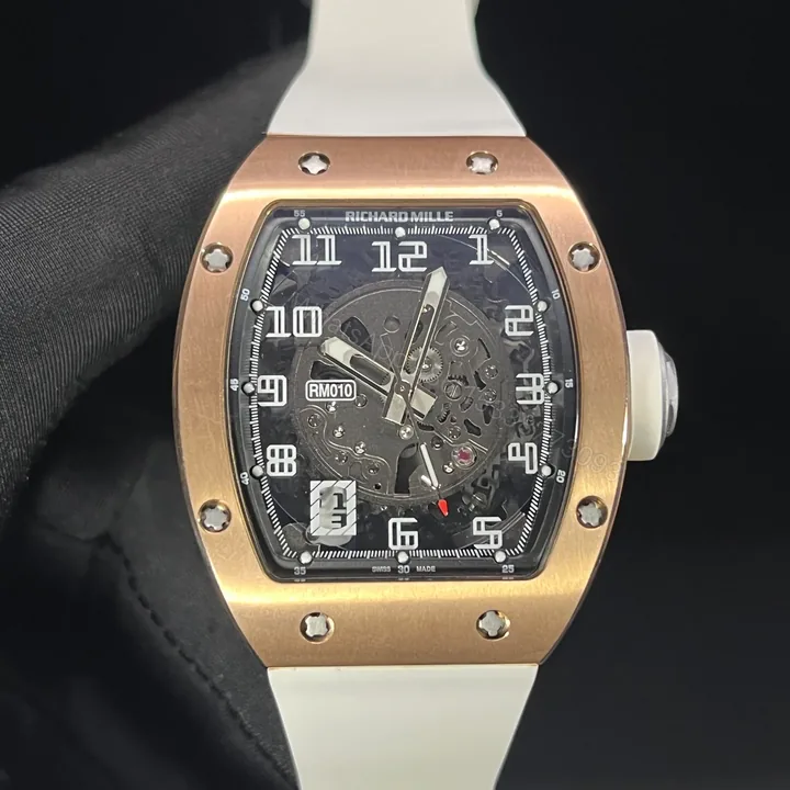 View 1 of Richard Mille RM010 Titanium Skeleton Automatic Gold Bezel White Strap Watch RM010-GW