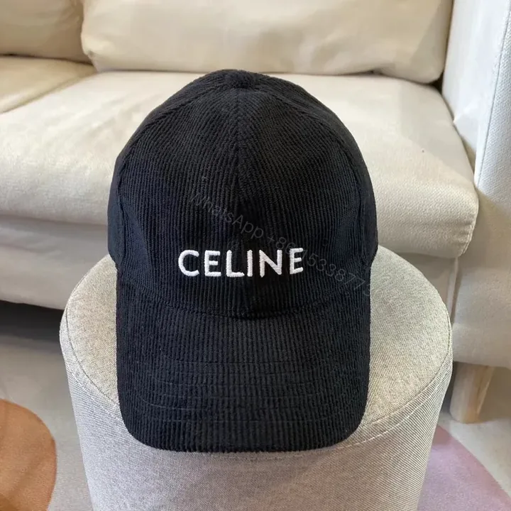View 1 of CELINE Black Corduroy Cap with White Monogram Logo