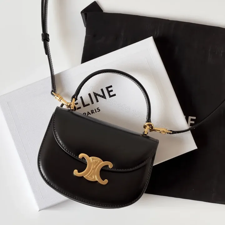 View 1 of Celine Mini Crossbody Black Leather Strap Gold Lock 15.5x11cm