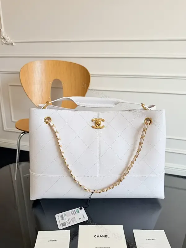 View 1 of White Quilted Tote, Gold Chain, Structured, Luxury Everyday Tote