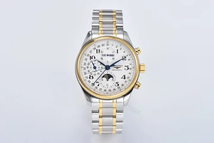 View 1 of Longines Master Collection Moonphase Chronograph Watch Silver Dial Two Tone Stainless Steel Bracelet Classic Elegant Style