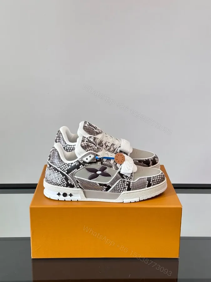 View 1 of LV Men Grey Snake Print Leather Sneakers