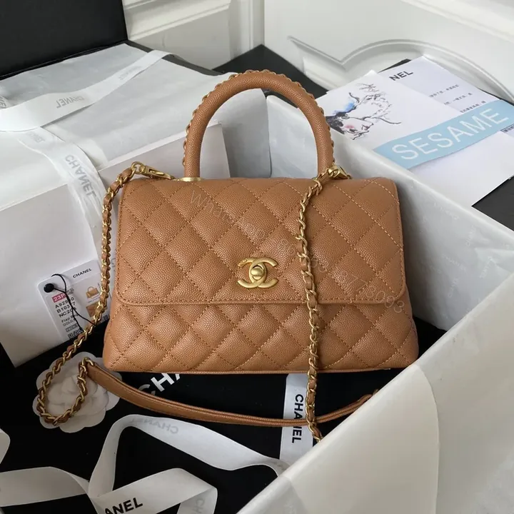 View 1 of Chanel-Inspired Quilted Mini Bag, Caramel Leather, Gold Chain, Versatile Carry