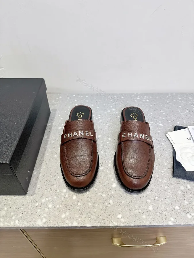 View 1 of Brown Leather Mules + CHANEL Strap + Minimalist Couture + Memory-Foam Comfort + Mules