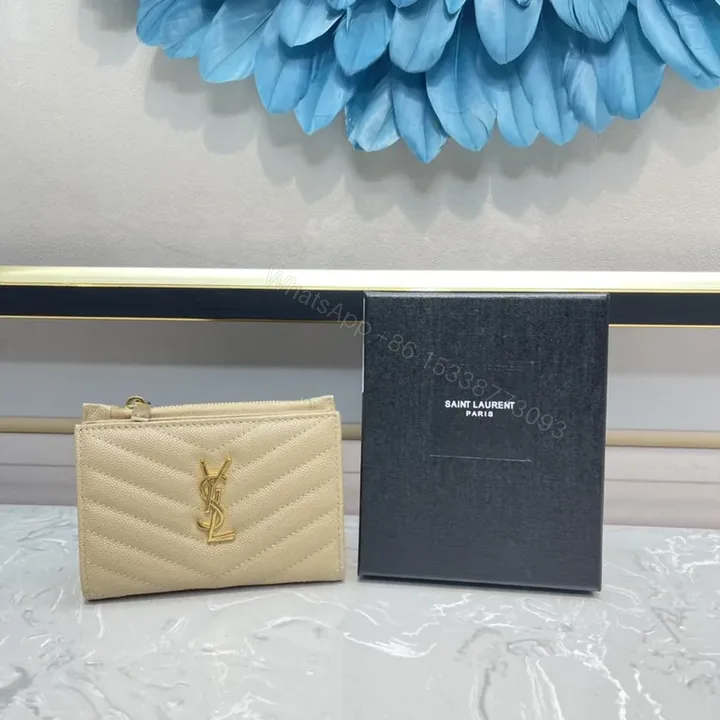 View 1 of Quilted Beige Wallet with Gold YSL Emblem - Luxury Compact Wallet