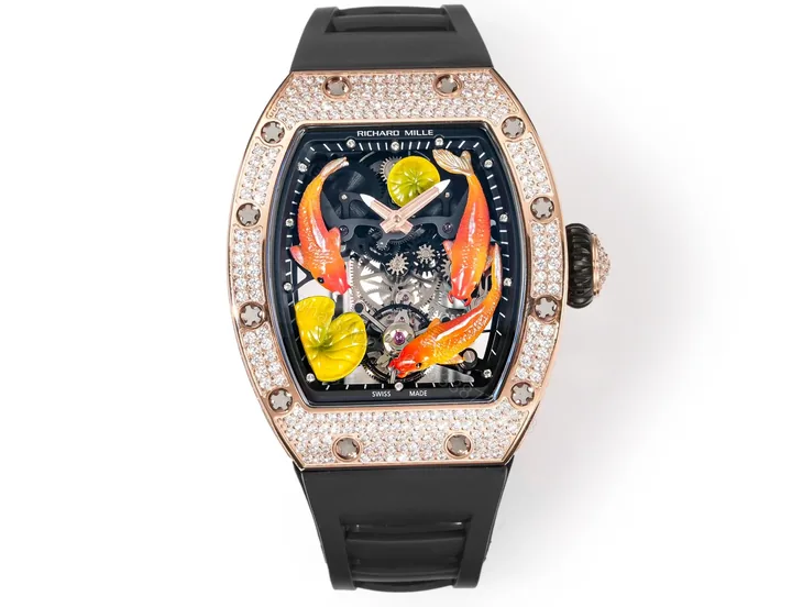 View 1 of Richard Mille RM S10 Koi Tourbillon Red Gold Diamond Black Strap Watch RMS10-KOI-BK