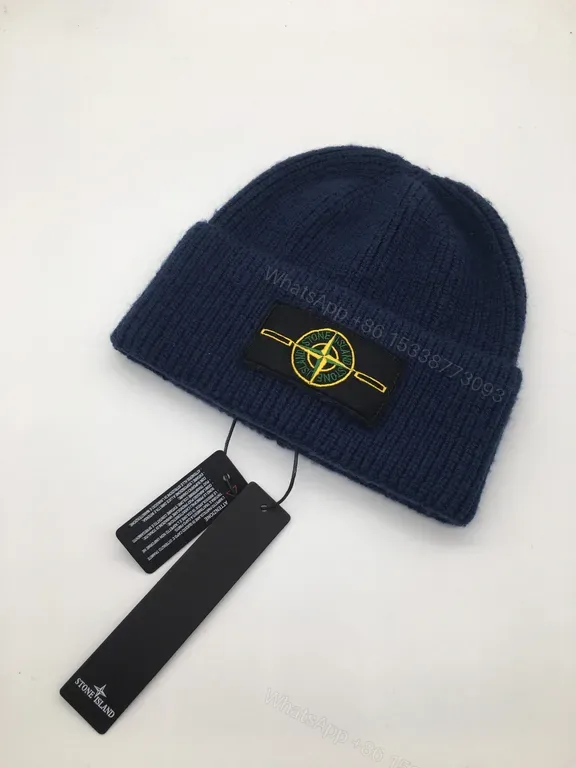 View 1 of Navy Stone Island Knit Beanie â€” Signature Patch, Warmth