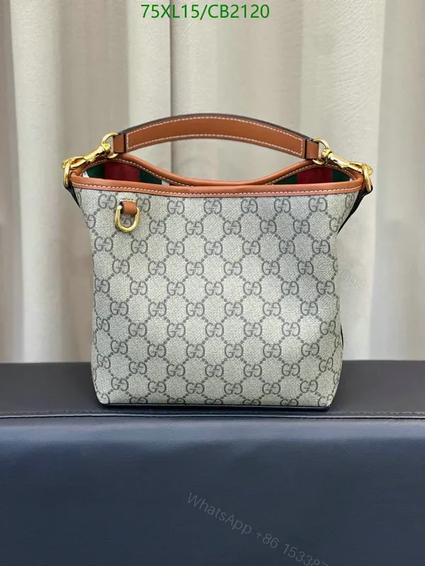 View 1 of Beige Gucci GG Emblem Dupe Mini Bucket Bag Leather Trim QCY519