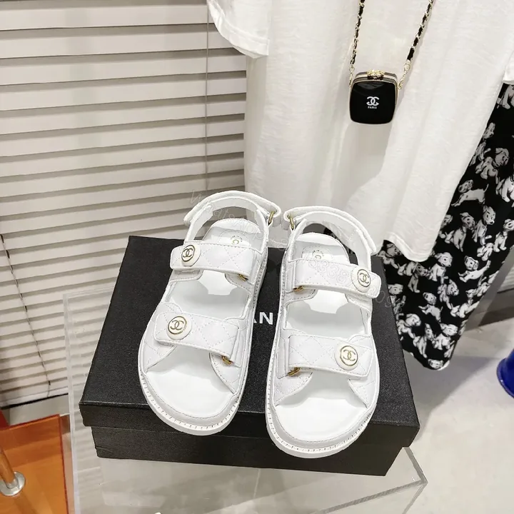 View 1 of White Quilted Sandals with Gold Hardware, Comfortable Luxury