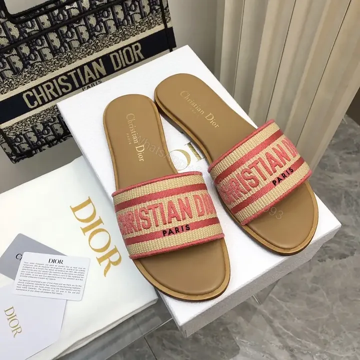 View 1 of Red Striped Straw Summer Sandals with Dior Logo Sliders