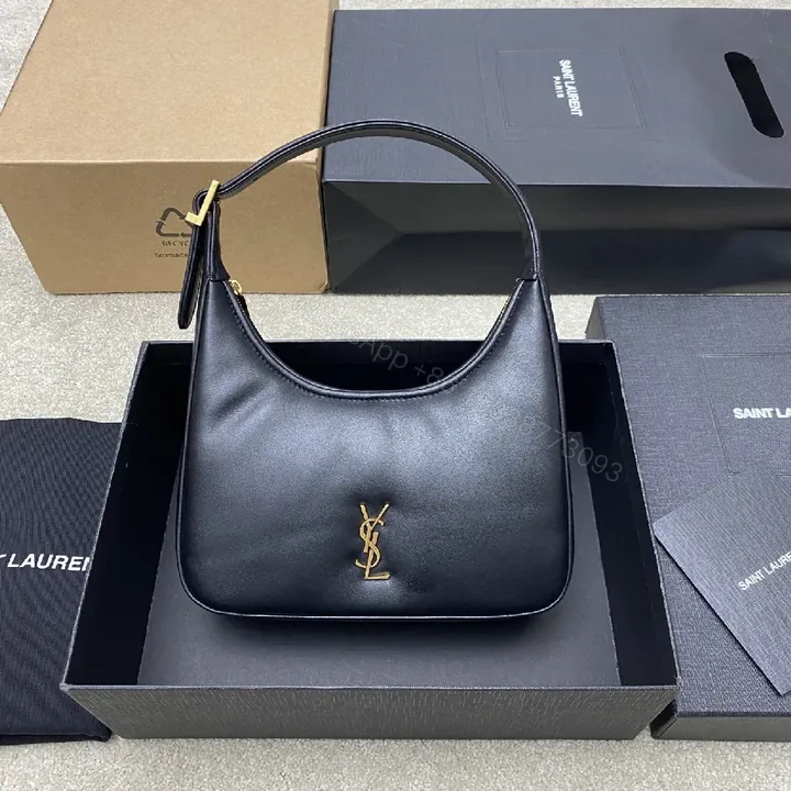 View 1 of Elegant Black Leather Satchel with Gold Logo