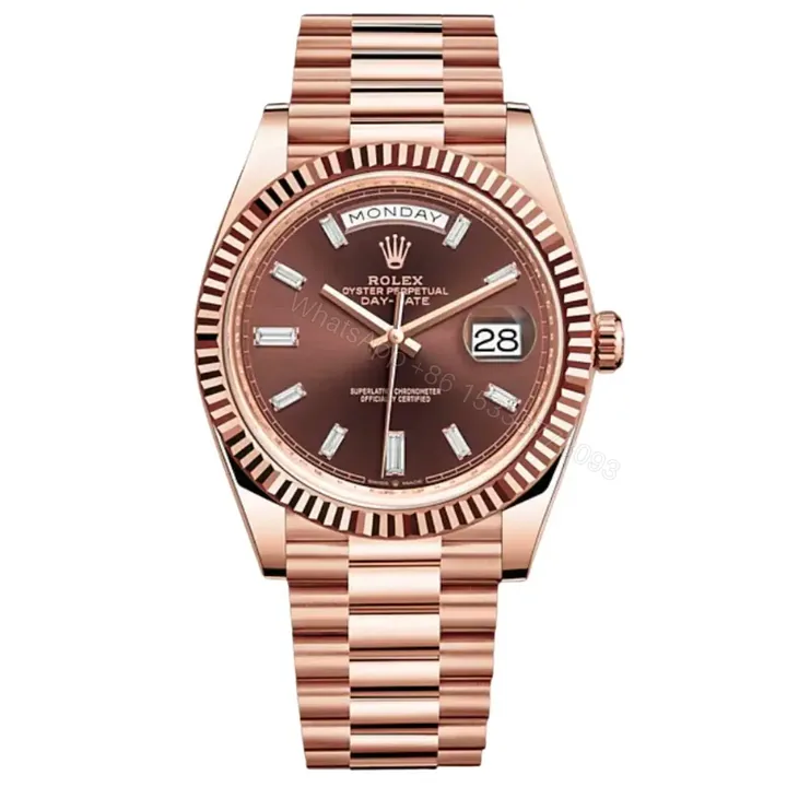 View 1 of Replica Rolex Day-Date Rose Gold Chocolate Diamond Dial & Fluted Bezel President Bracelet 228235
