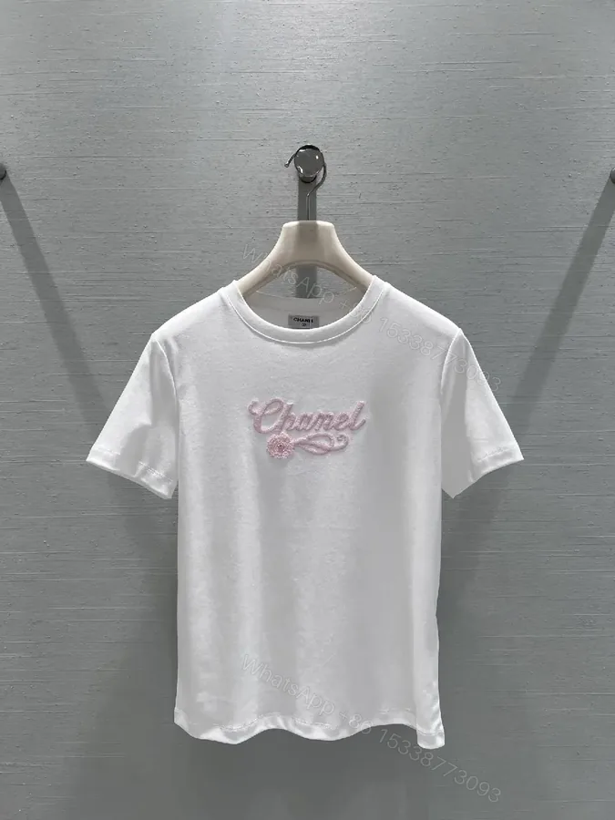 View 1 of White Tee with Pink Embroidered Logo – Everyday Luxe, Premium Cotton