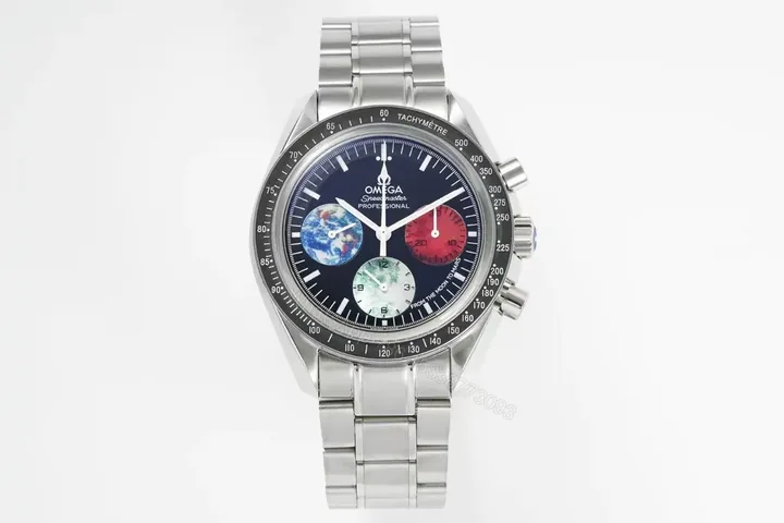View 1 of Omega Speedmaster Professional Chronograph Automatic Watch Blue Dial Red and Green Sub dials Stainless Steel Bracelet 44mm
