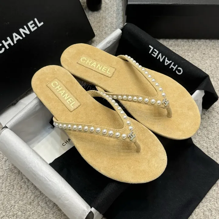 View 1 of Pearl-Trim Sandals: Suede Footbed, Beaded Straps, Beige Leather