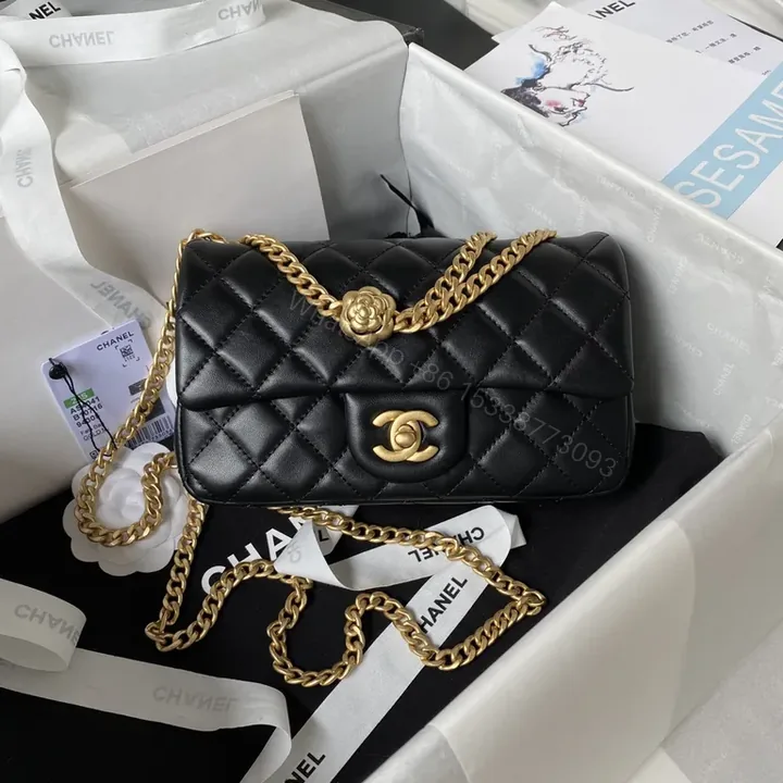 View 1 of Black Calf Leather Quilted Crossbody with Gold Chain - Luxe, Adjustable, Everyday Chic