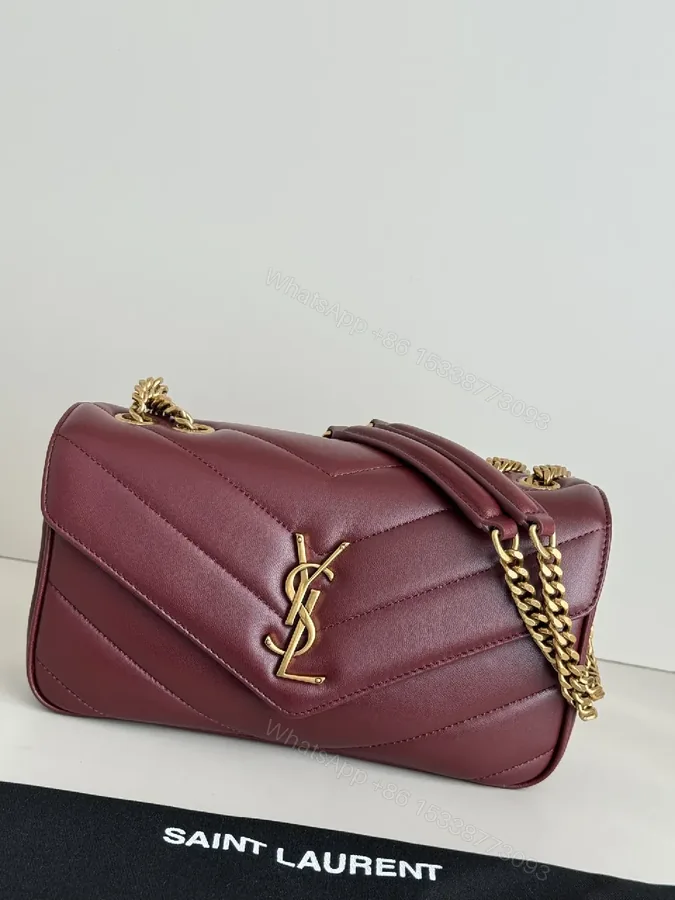 View 1 of Burgundy Quilted Satchel with Gold Chain Detail
