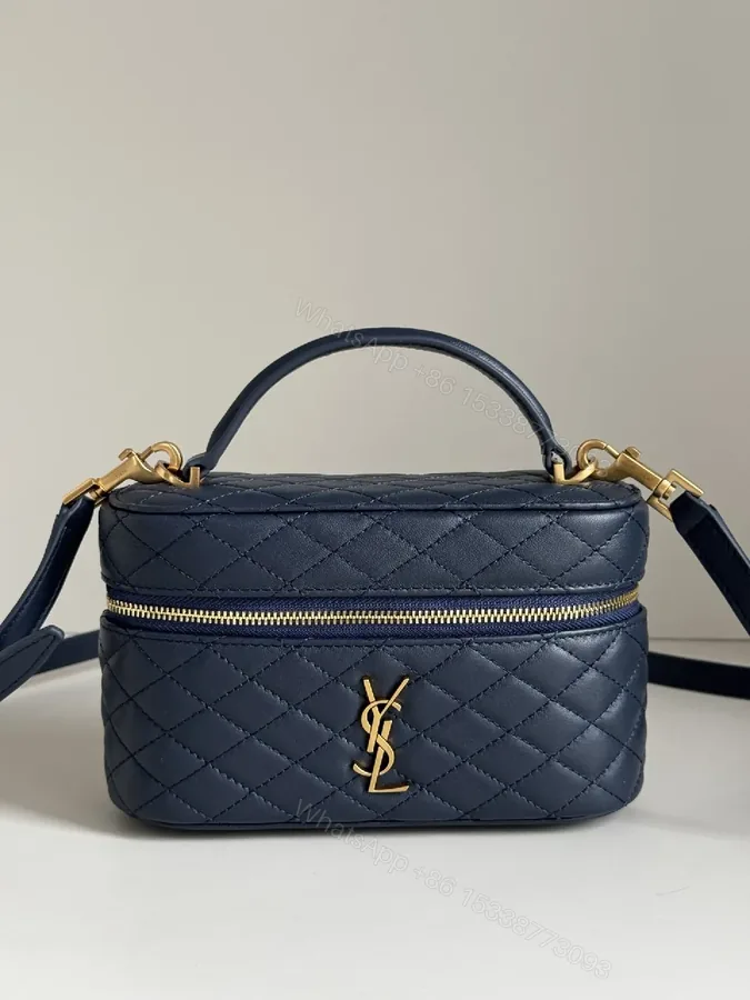 View 1 of Navy Quilted Leather Crossbody Bag with Gold Hardware
