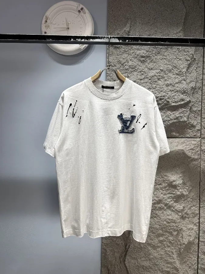 View 1 of White Distressed Tee with LV-Inspired Patch, Short Sleeve, Premium Cotton Blend