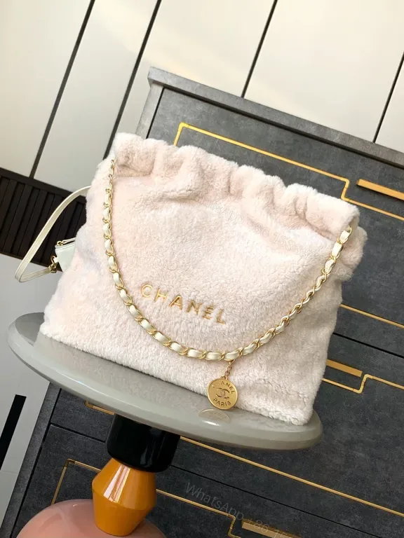 View 1 of Soft Texture Tote: Faux Shearling, Gold Chain, Couture Style