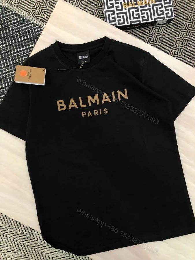 View 1 of Balmain Exclusive Cotton Lycra Crew Golden Printed T-Shirt First Copy | AAA+ Replica